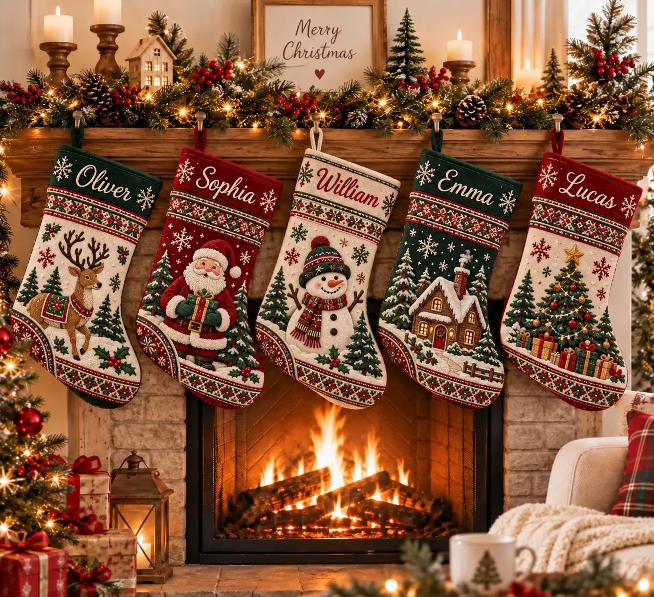 Personalized Christmas Stocking with Name, Vintage Holiday Stocking, Family Fireplace Mantel Decor, Custom Xmas Stocking Gift