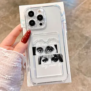 Transparent Card Holder Case with Cartoon Eye Design, Simple Thick Anti-Drop Phone Cover Compatible with iPhone 11-16 Series