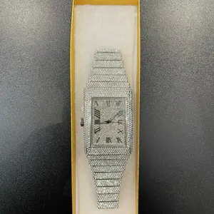 Luxury Iced Out Mens Watch Full Crystal Bling Rectangle Dial Roman Numerals Elegant Timepiece