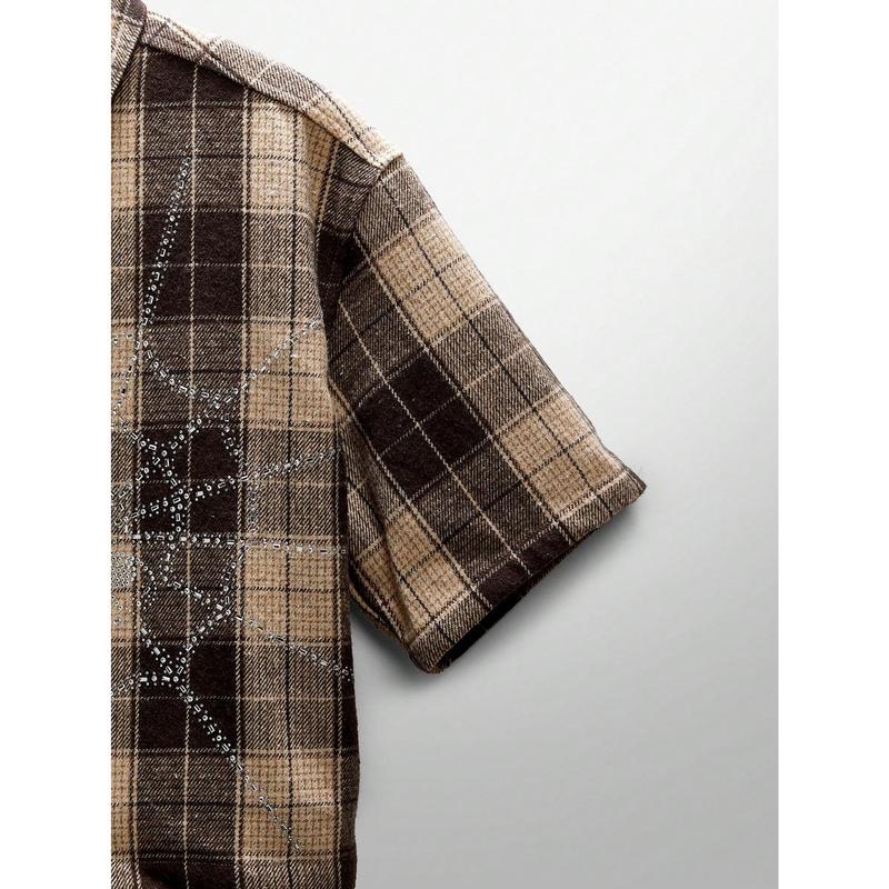 Men's Street Style Crystal Spider Web Plaid Short Sleeve Woven Shirt