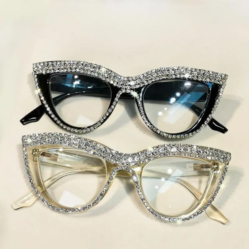 Women’s Fashion Eyewear 2025 Trending Rhinestone Glasses Cat Eye Full-Frame Design Anti-Blue Light Polycarbonate Lenses Sparkling Crystals Black/Translucent Frames Ideal for Office Work Daily Commute Photo Shoots Casual Outings