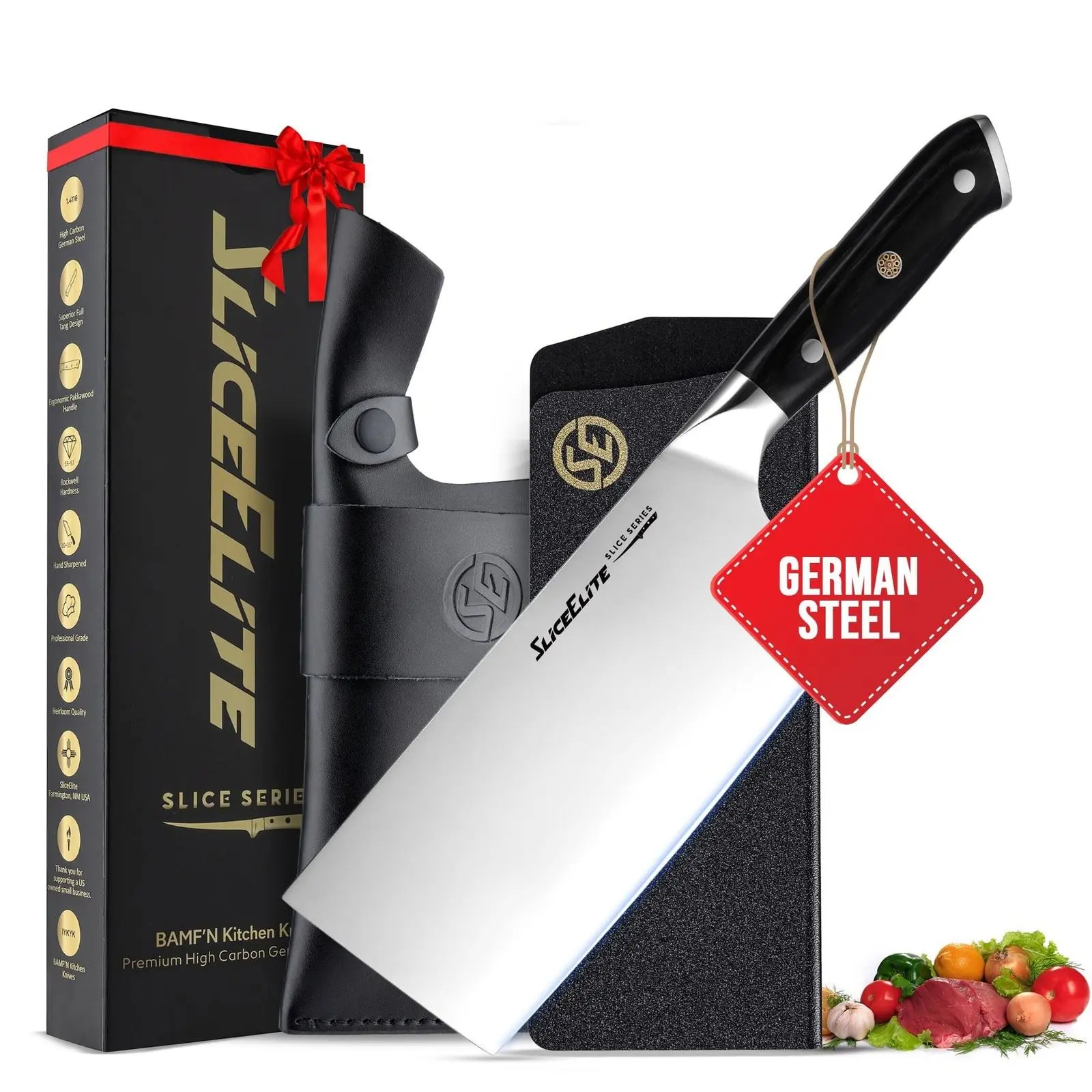 SliceElite Slice Series 7 Inch Cleaver Knife High Carbon German Steel Blade Pakkawood Handle Dual Sheath Sharp Butcher Knife Kitchen Chopper Bone Cutter Meat Slicer Vegetable Knife BBQ Butcher Cleaver
