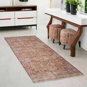 360 stand Powerloomed Polyester Fiber 3x6 ft. Brick Red & Gray Floral Medallion Runner Area Rug with Fringe, Classical Shape, Hallway Use, Stain Proof
