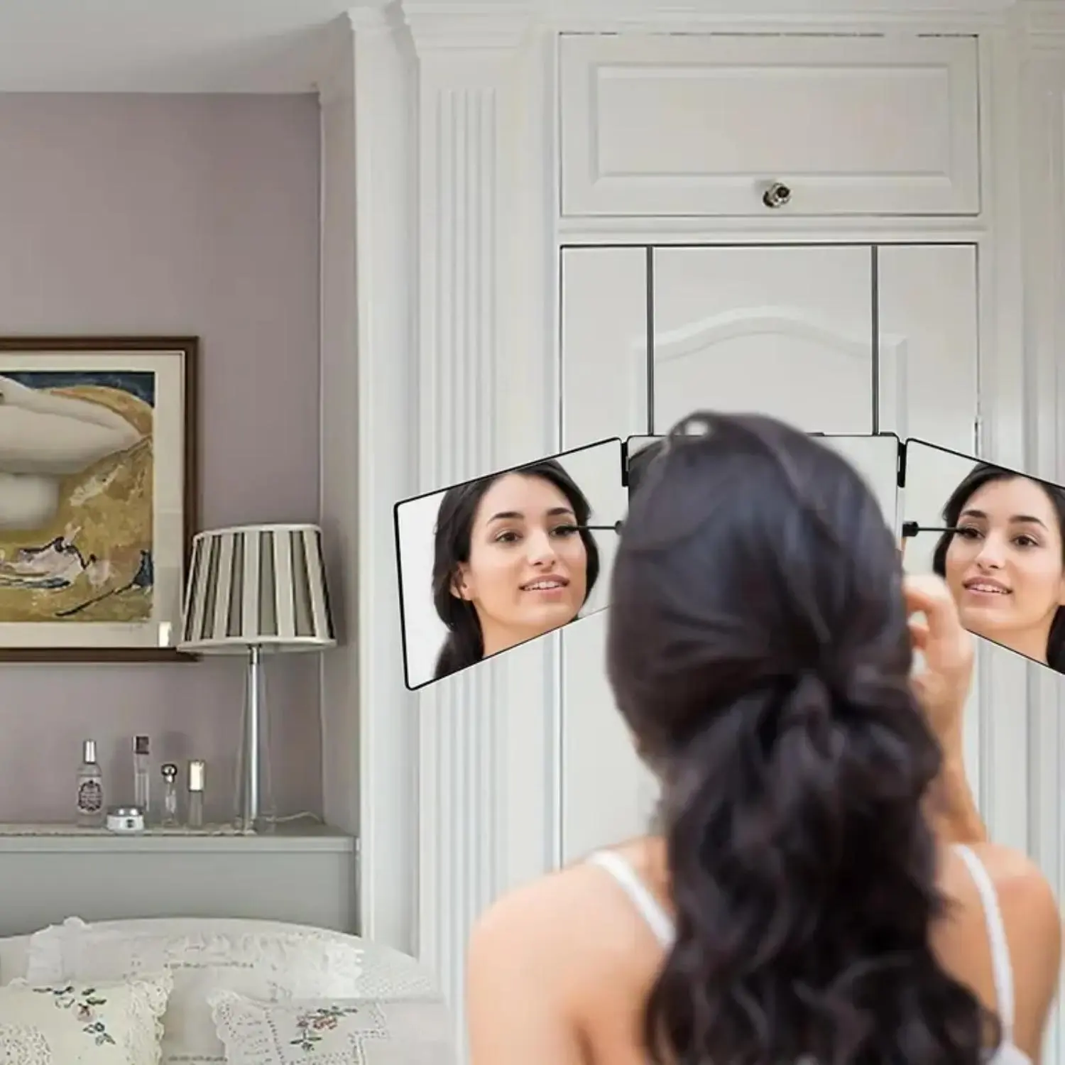 Hanging 3 Way Mirror for Self Hair Cutting, 1 Count Trifold Hair Cut Mirror for Men & Women, Hanging Makeup Mirror, Adjustable Mirror, Three Fold Mirror, Home Decor, Decoration