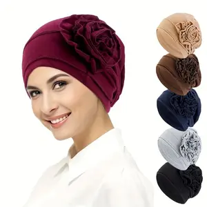 3pcs Elegant Women'S Elastic Flower Headscarf Cap - Solid Color Head Wraps Flower Pleated Design, Chemotherapy Cap Perfect for Daily & Gift Occasions Accessory