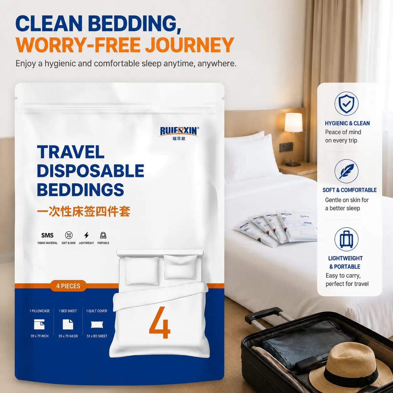 4PCS Disposable Bedsheet Sets - Lightweight & Portable Bedding with Fitted Bed Cover, Pillowcases, Wash-Free Travel Essential for Hotel, Camping