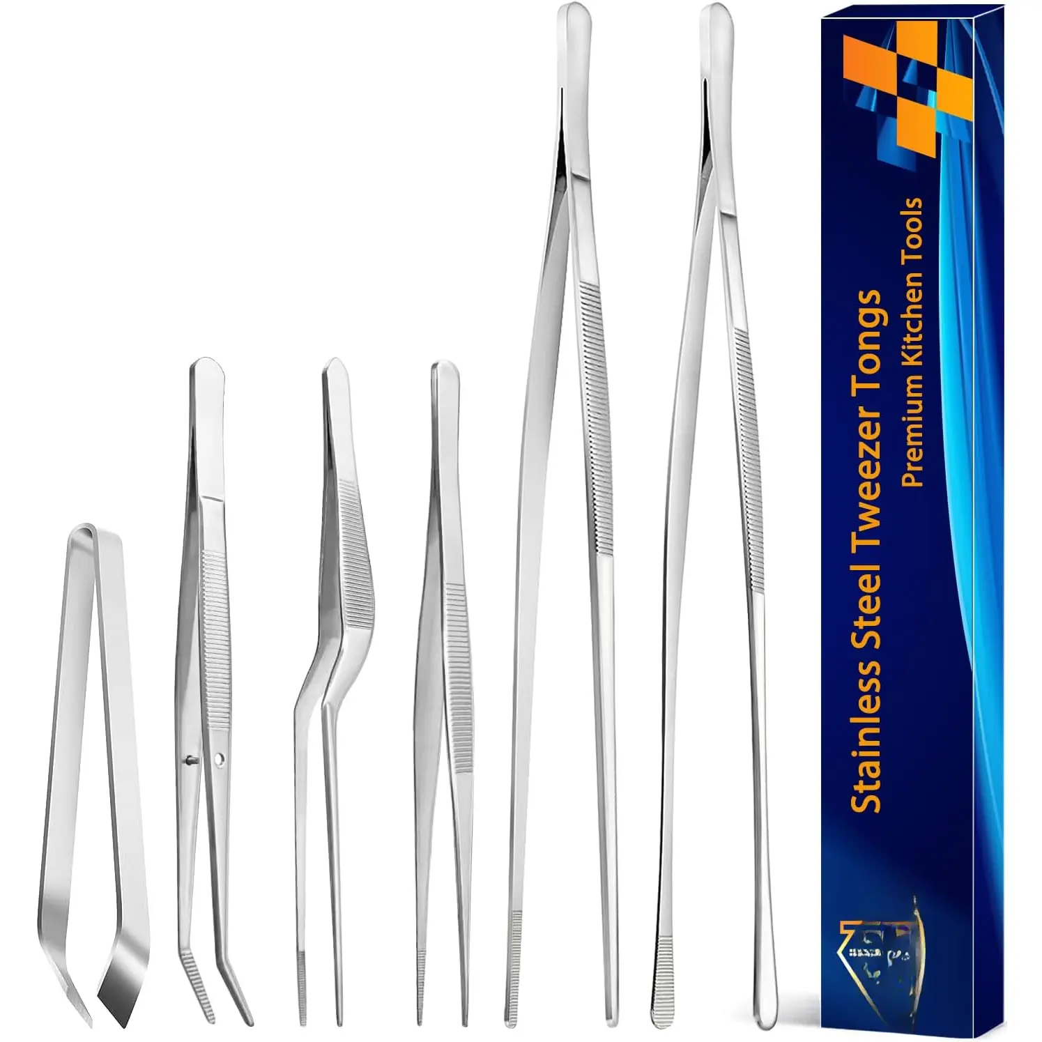 6 count Cooking Tweezer Tongs, 12'' and 6.3" Stainless Steel Kitchen Tweezer Set, Professional Chef Tweezers for Cooking, Repairing, Sea , BBQ, Multi-use