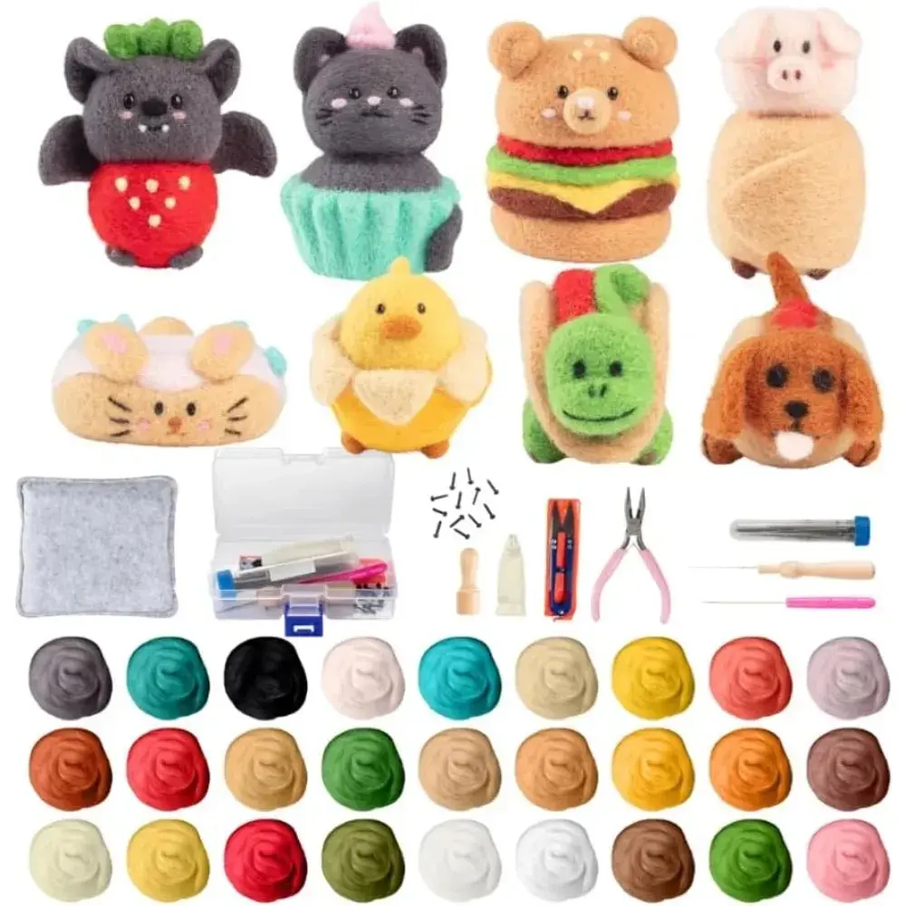 DIY Needle Felting Kit w Case- Animal Foodie Friends- Everything to Make 8 Adorable Felt Animals- Includes Mat, Tools, Needles & Instructions- Homemade Arts & Crafts, Gifts, Kids Party Activity