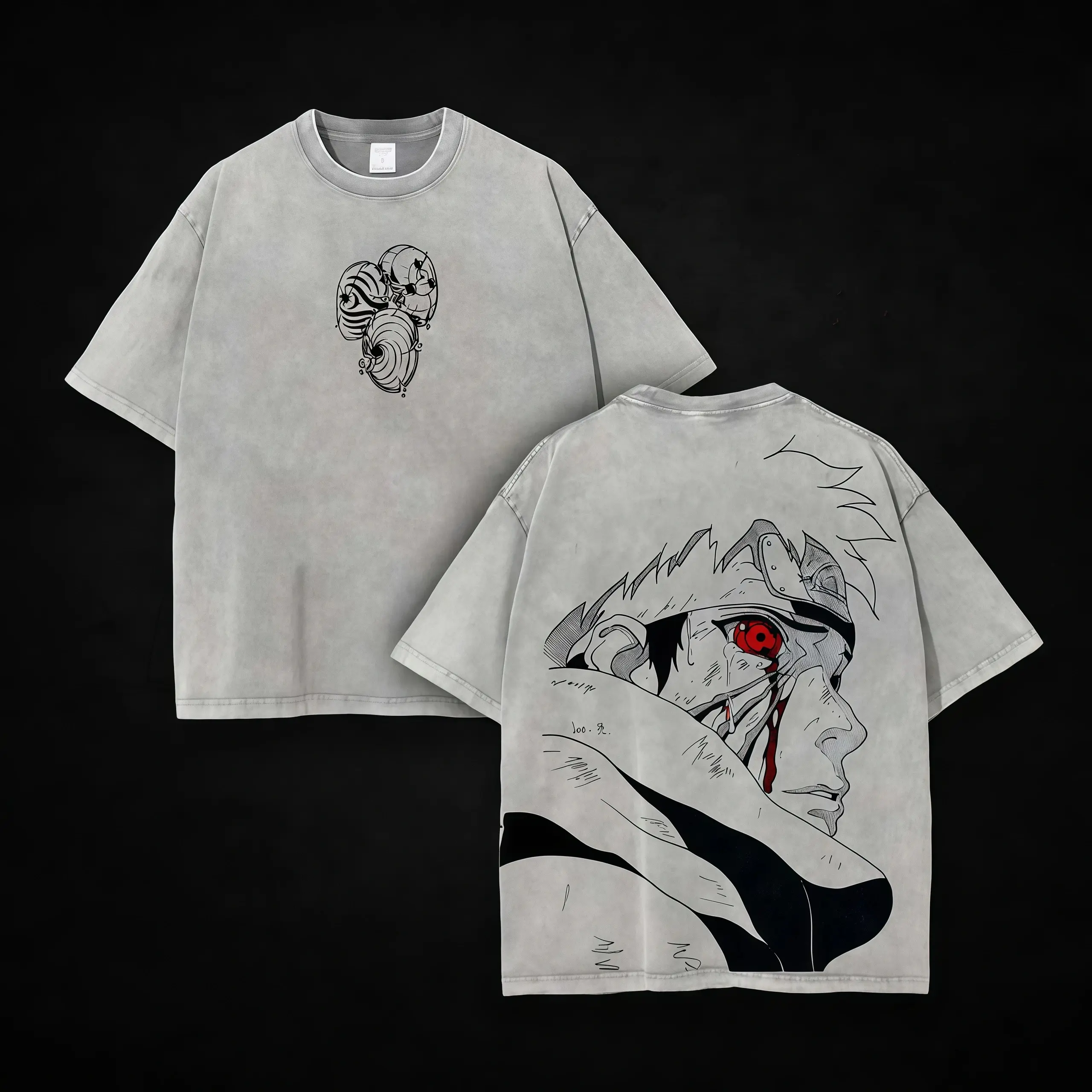 Women's Obito Uchiha Anime Vintage Washed Short-Sleeve Casual T-Shirt, Unisex Plus Size Double-Sided Graphic 100% Cotton Classic Fit Top for Anime Fans, Shortsleeve, Tshirt