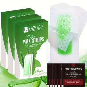 Facial Eyebrow Aloe Soothing Gentle Wax Strips for Hair Removal at Home, 24 48 or 72pcs with Calming Wipes for Upper Lip and Chin, Women's Waxing Kit