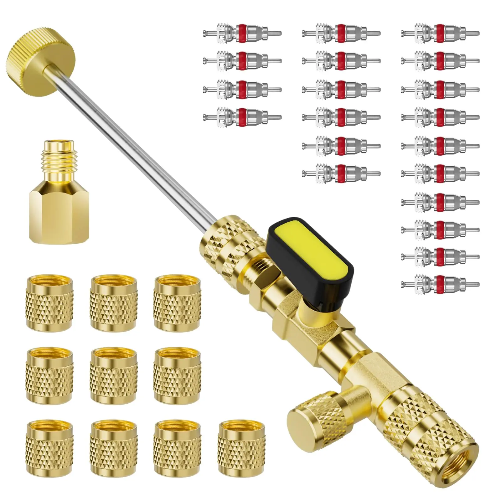 OUXI Solid Brass Valve Core Remover & Installer Tool with Anti-Slipping Grip - Ball Valve Turner, SAE 1/4-5/16 Compatible, R22 R410a Refrigerant Fit (1 Remover + 21/31 Accessories Included), Compatible Sizes