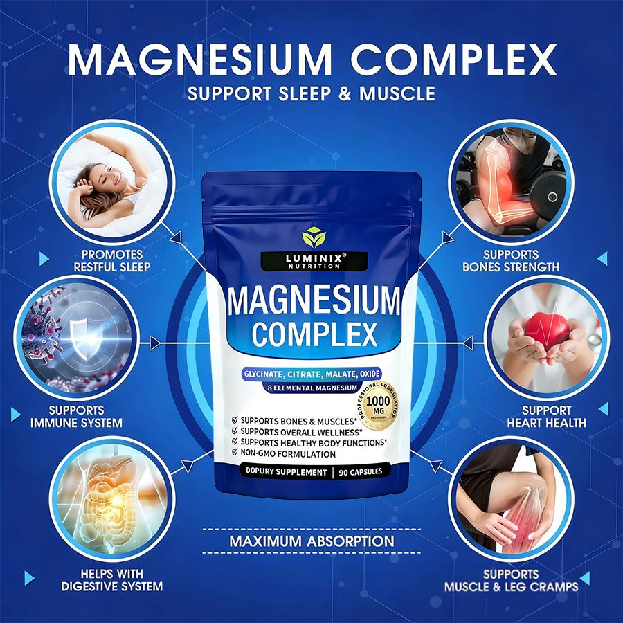 LUMINIX Magnesium Complex 8 Essential Magnesium Supplement 1000mg, A powder containing 8 essential magnesium complexes.