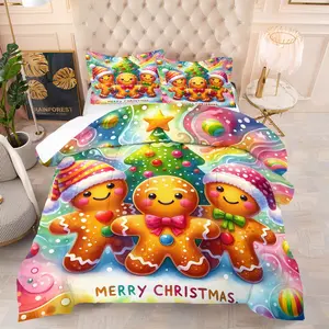 Christmas Gingerbread Man Candy Quilt/Comforter Set (2/3 Pcs) Includes 1 Quilt + 1/2 Pillowcases No Filler Christmas House Light Flower Patterns Family Bedroom Homestay Apartment Themed Room Study for Kids Couples Family Friends Students Young People