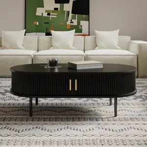 47" Oval Wood Fluted Coffee Table with Storage, Mid-Century Modern, with Sliding Doors, Black Color, 2 Cabinets, for Living Room