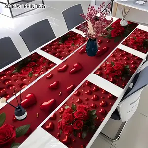 2D flat printing, set of 1/4/6/5/7 table flags and placemats - elegant Valentine's Day heart-shaped rose pattern rectangular table decoration, suitable for holiday parties, romantic dinners, kitchens and dining table scenes