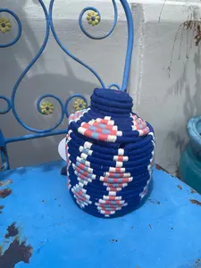 Small cobalt blue, pink and white Berber Basket