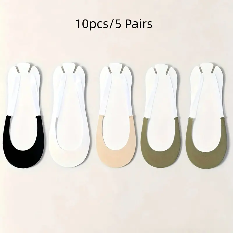 10pcs/5 Pairs Summer Thin Ice Fiber Fabric Low-Cut Invisible No-Show Thong Socks, Anti-Slip, Non-Slip Heel, for High Heels