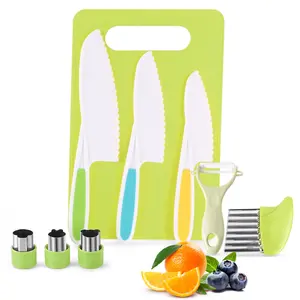 9 Pcs Montessori Kitchen Tools for Kids, Toddler Knife Set with Cutting Board, Peeler, Crinkle Cutter & Cookie Cutters, Safe Plastic Knives for Real Cooking & Baking