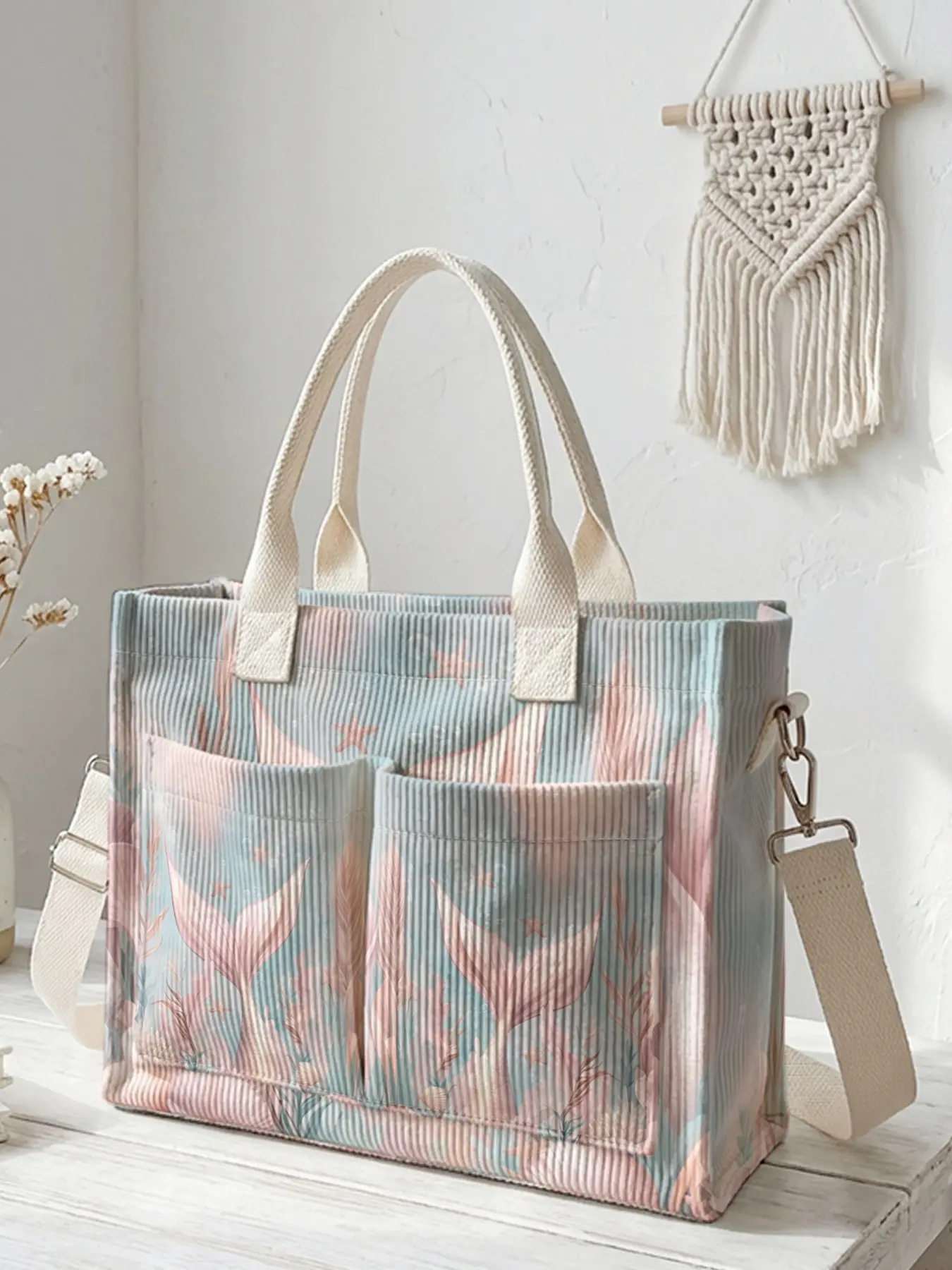 One Mermaid Tail Pattern Printed Travel Shoulder Bag, Large Capacity, Wear-resistant and Durable. Multi-pocket Design for High Space Utilization, Suitable for Work, Shopping, Picnic and Other Occasions