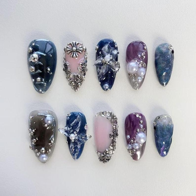 Silver 3D Chrome Nails - Dark Blue Press On Nails - Purple Nails - Ocean Nails - Pearl Nails - Metallic silver nail - Cross Nails - Holiday Birthday nails