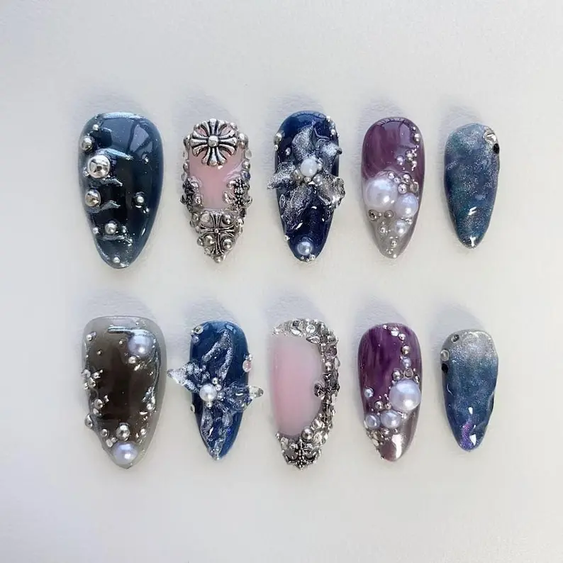 Silver 3D Chrome Nails - Dark Blue Press On Nails - Purple Nails - Ocean Nails - Pearl Nails - Metallic silver nail - Cross Nails - Holiday Birthday nails