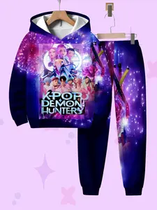 Girls' 3D Hunter Girl Group Fitted Hoodie Set, Outdoor Casual Wear, Breathable Polyester Fiber, Spring & Fall Fashion, Random Print