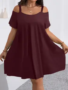 Plus Size Women's Round Neck Short Sleeve Spaghetti Strap Shoulder Cut Out Fitted Casual Midi Dress, Comfortable Fabric, Perfect for Bridesmaids, Vacation, Travel, Womenswear