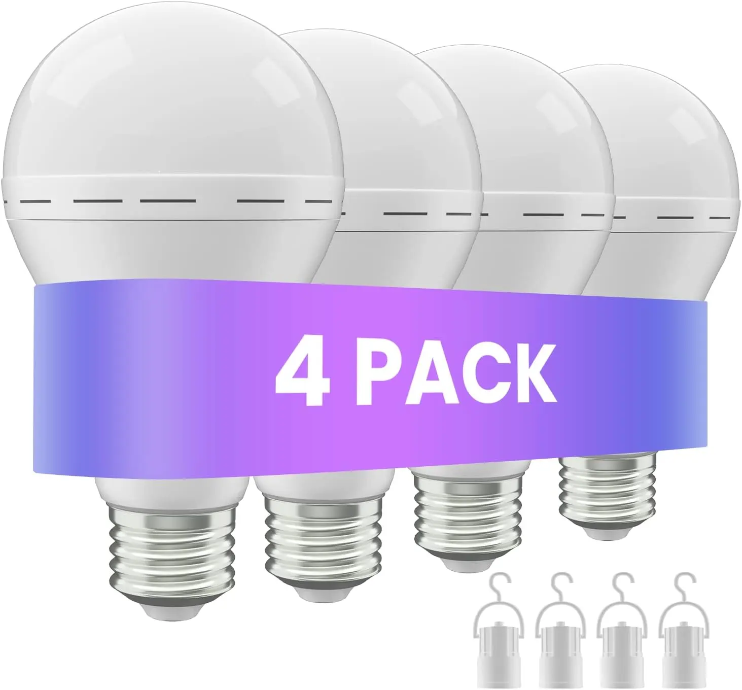 Emergency Rechargeable LED Light Bulb With Hook,Stay Lights Up When Power Failure, 1200mAh 12W LED Light Bulbs for Home, Camping, Hiking, 4 Pack