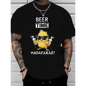 Men’s Graphic T-Shirt – Light and Fun 'Beer Time' Chicken Print for Summer Comfort Casual Crewneck Womenswear Cotton Tee Top