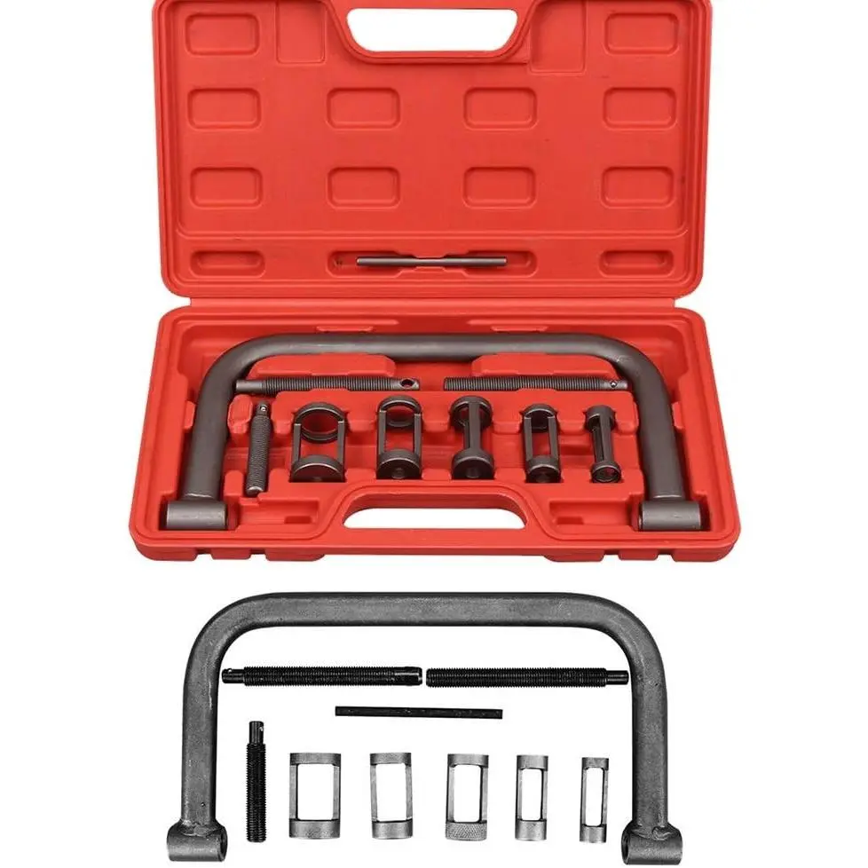 Forged Steel Auto Valve C-Clamp Spring Compressor Set - 10-Piece with 5 Adapters, Metric Collets, 1.75in Long Attachments, Compression Bar for Car, ATV Small Engine Repair