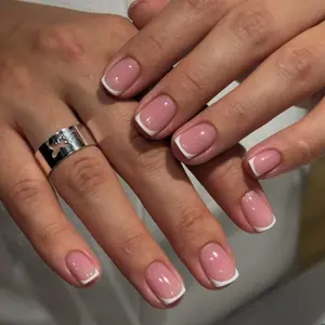 Short Square Fake Nail, 24pcs French Style Press on Nails with Nail File & Jelly Glue, Removable Full Cover Artificial Fake Nail, Stylish Acrylic Nails
