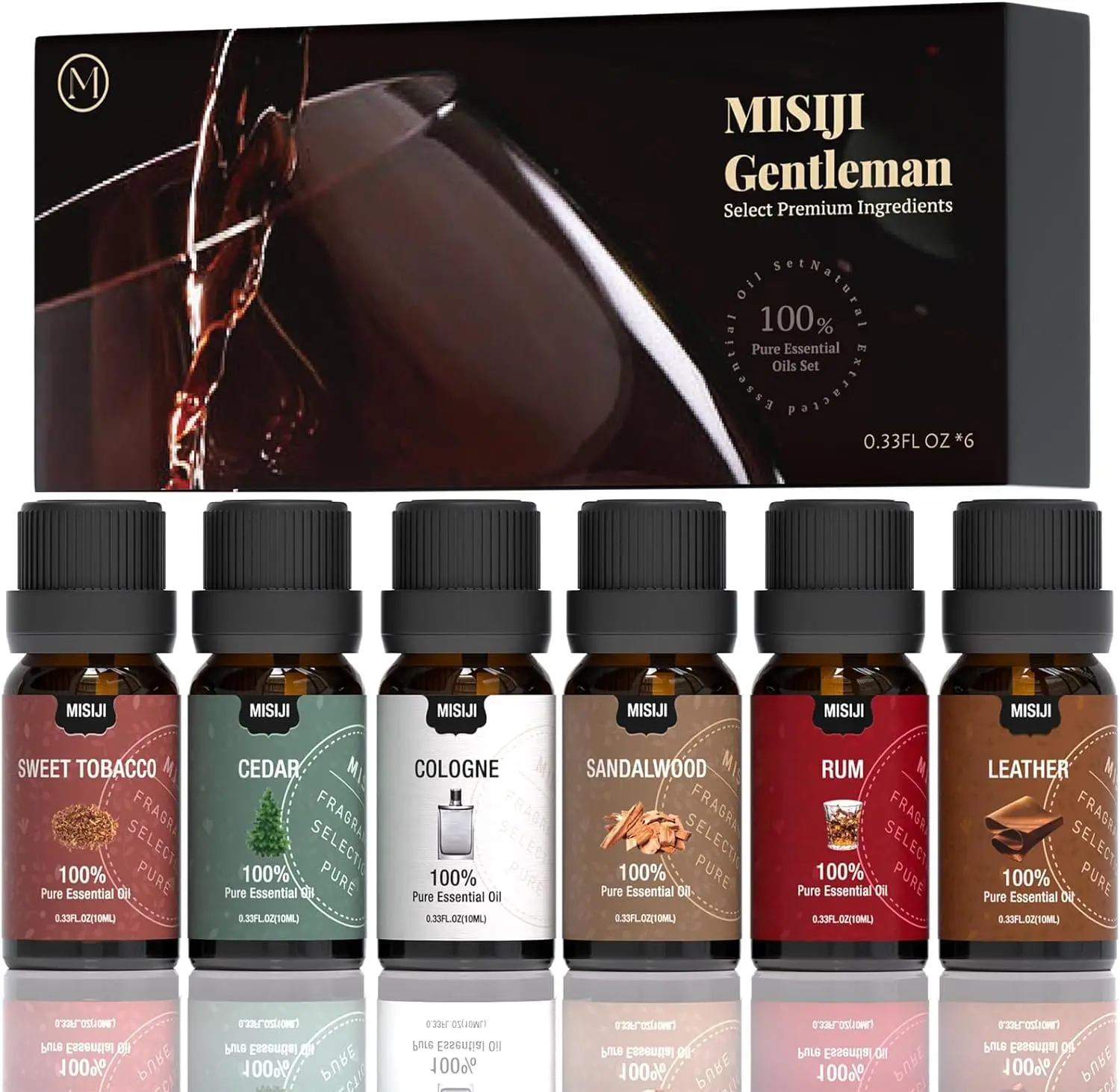 MISIJI Essential Oils Set, Men Scents Fragrance Oil Aromatherapy Essential Oils Kit for Diffuser (6x10ML) - Sandalwood, Cedar, Leather, Sweet Tob, Rum, Cologne Aromatherapy Oil Gift for Men Scented