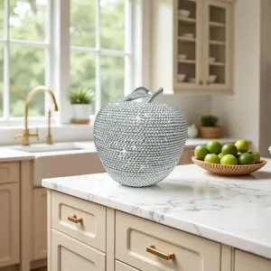 Luxury Silver Beaded Apple Decor | Bling Beaded Fruit Statue for Glam Home Office & Wedding Tabletop