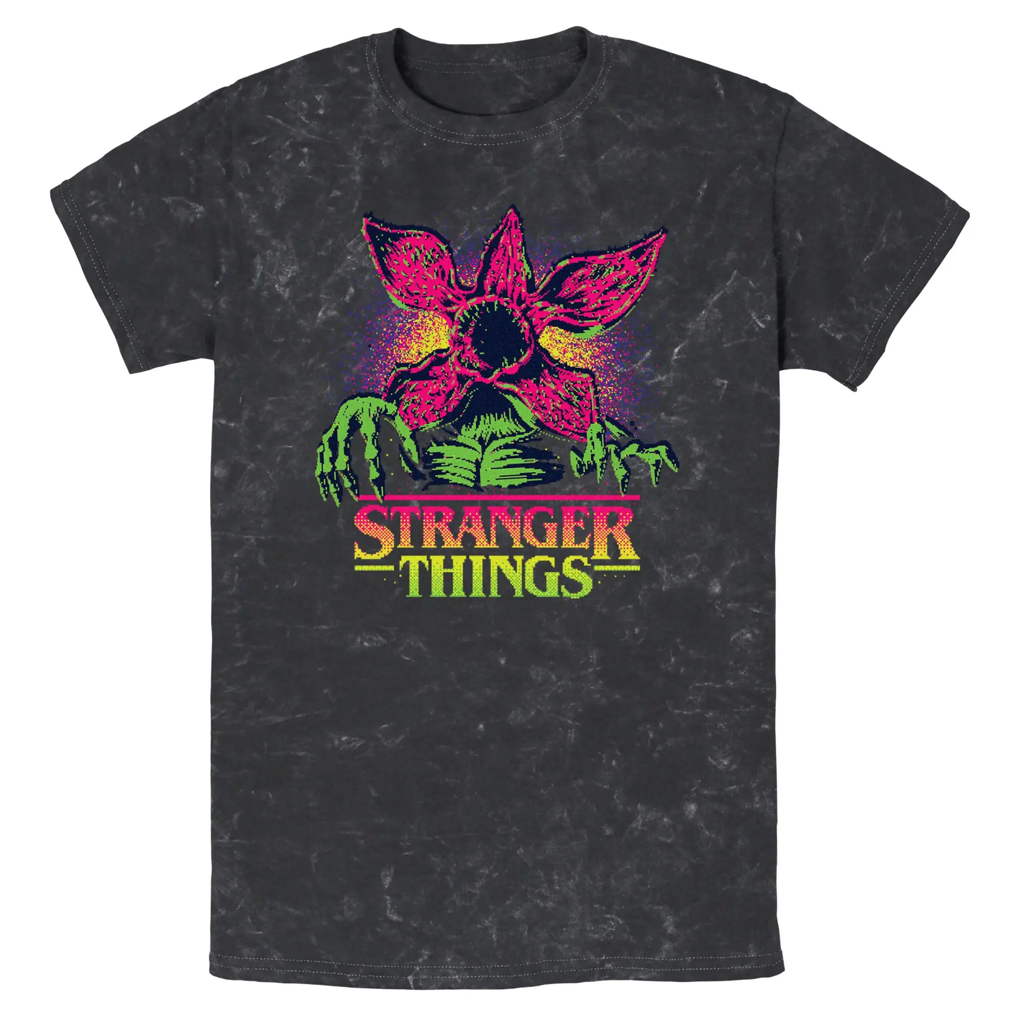 Stranger Things Men's Mineral Wash Short Sleeve Graphic T-Shirt, Officially Licensed Demogorgon Neon Pixel Logo, Garment, Apparel, Shortsleeve