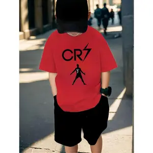 Boys' 2025 Summer Casual Short Sleeve T-Shirt Vibrant Red CR7 Soccer Graphic Print Breathable Cotton Fabric Machine Washable Round Neck Tee for Youngsters Comfortable Fit Sports Fan Apparel