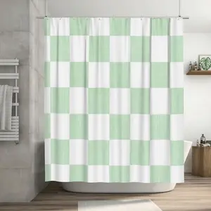 1pc Farmhouse Checkered Shower Curtain Green & White Plaid Pattern - Rustic Modern Bathroom Decor, Polyester Fabric Bath Curtain with 12 Hooks, 70.8x70.8 Inch, Machine Washable & High Quality, Easy-Care Durable Design for Contemporary or Traditional