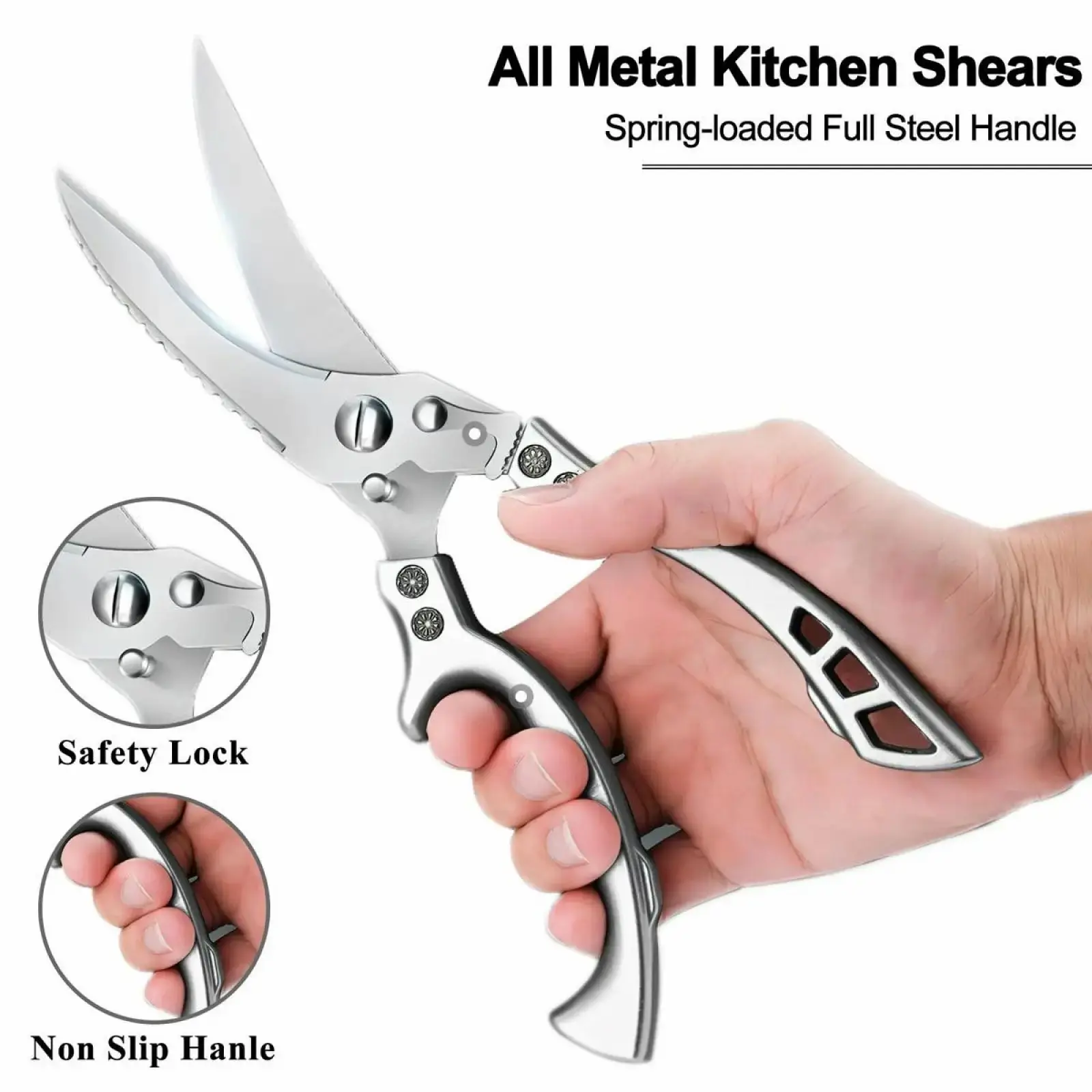 Multi-Cutting Spring-Handled Stainless Steel Kitchen Scissors, Dishwasher-Safe Kitchen Shears with Non-Slip Ergonomic Handles, Safety Lock, Ideal for Cutting Meat, Turkey, No, Multi-Cutting Kitchen Scissors