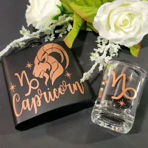 Capricorn GTEE Zodiac Gift Set - Personalized Black Flask & Rose Gold Shot Glasses for Earth Sign Vibes - Luxe Zodiac-Themed Set with Mini Funnel Stocking stuffer Drinkware Stainless Steel