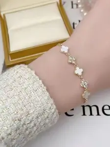 Korean Style Four-Leaf Clover Shell Lucky Flower Bracelet, Unique Design High-End Luxury Fashion Accessory for Women, Perfect Valentine's Gift, Rhinestone Decorated Bracelet