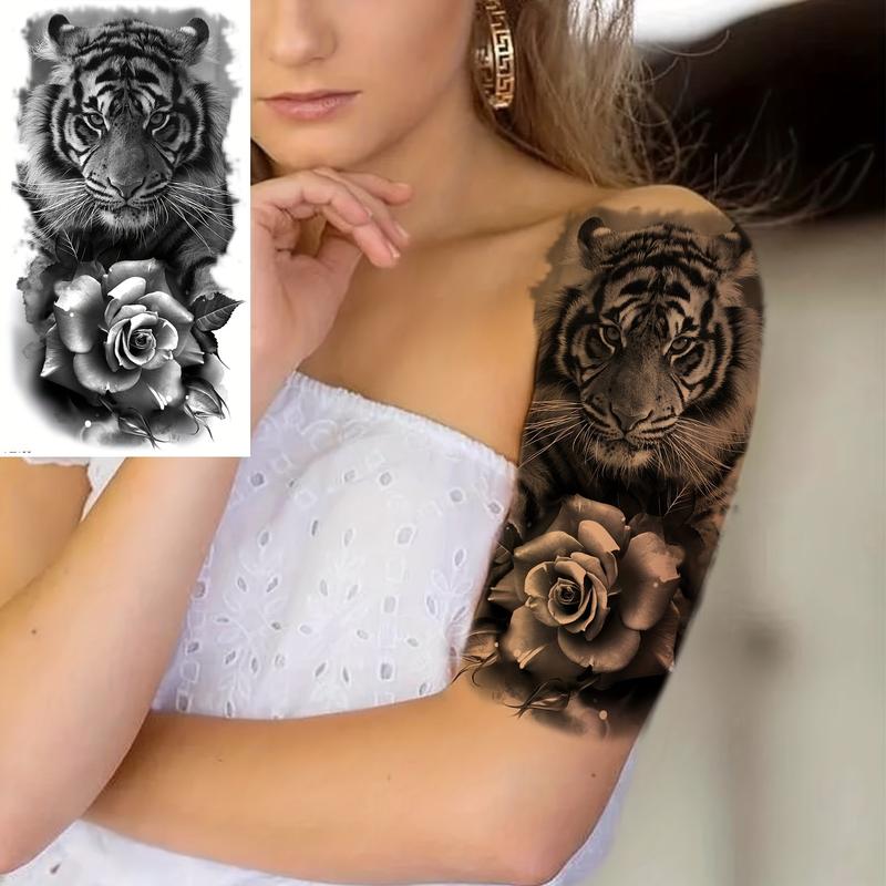Rechal 8 Sheets Realistic Tribal Large Tiger Temporary Tattoo Stickers For Women Adults, Half Arm Sleeve Tattoos For Men, 3D Black Tiger Compass Flower Tattoos Decals