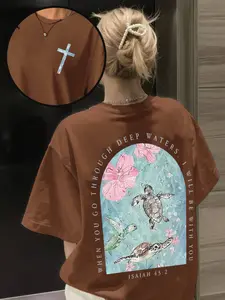 Women's Loose Fit Turtle Pattern T-Shirt, Comfortable Christian Faith Tee with Bible Verses, Casual Summer Top, Short Sleeve