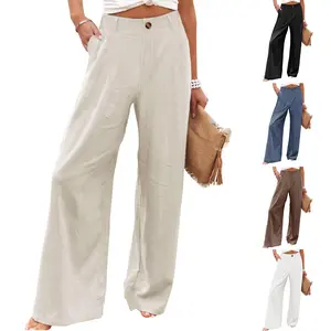 Kingapril Womens Cotton Linen Pants Casual Button Up High Waisted Wide Leg Trousers