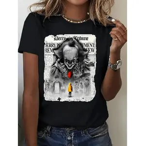 [Horror Graphic Tee] Black Horror Graphic Tee, Women's Pennywise's Gaze Newspaper Print T-Shirt | Breathable Lightweight Fabric, Soft Stretch Round Neck for Casual & Athletic Wear, Machine Washable, Comfortable Fashion