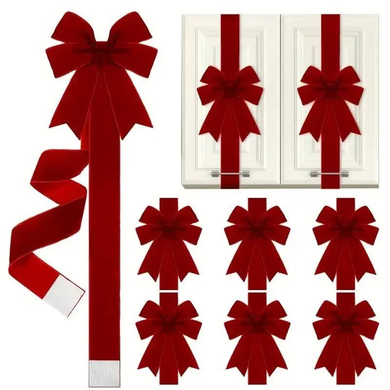 6-Piece Large Wine Red Velvet Cabinet Door Bow and Ribbon Set - Non-Electric Holiday Theme Party Decoration Supplies for Kitchen Furniture, Gift Packaging