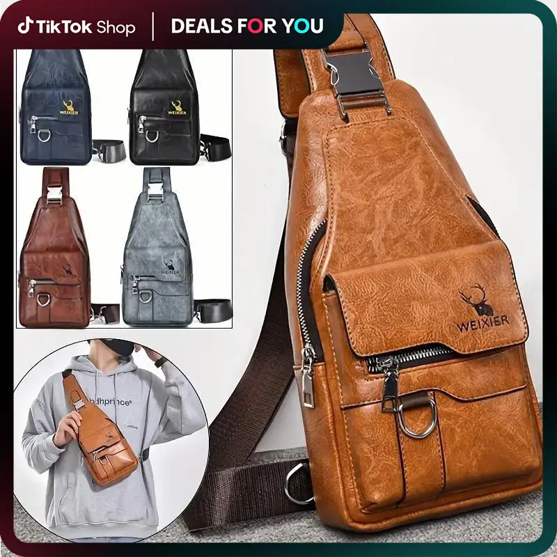 Men's New PU Leather Vintage Casual Simple Chest Bag, Crossbody Large Capacity Multi-compartment Waterproof Premium Men's Crossbody Bag for Carrying O