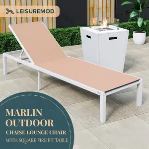 360 stand Marlin Modern White Aluminum Armrested Outdoor Patio Chaise Lounge Chair with Square Fire Pit Side Table, 32.44x21.65x21.65in, Light Brown, Mesh Sling, Simple Setup