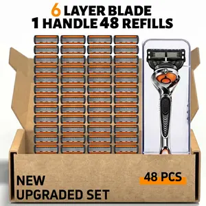 Men's Manual Razor Blade Replacement Set (12/48 Blades + 1 Handle), Ultra-Sharp Stainless Steel Shaver for Face & Head, Camping & Hiking Daily Grooming Kit