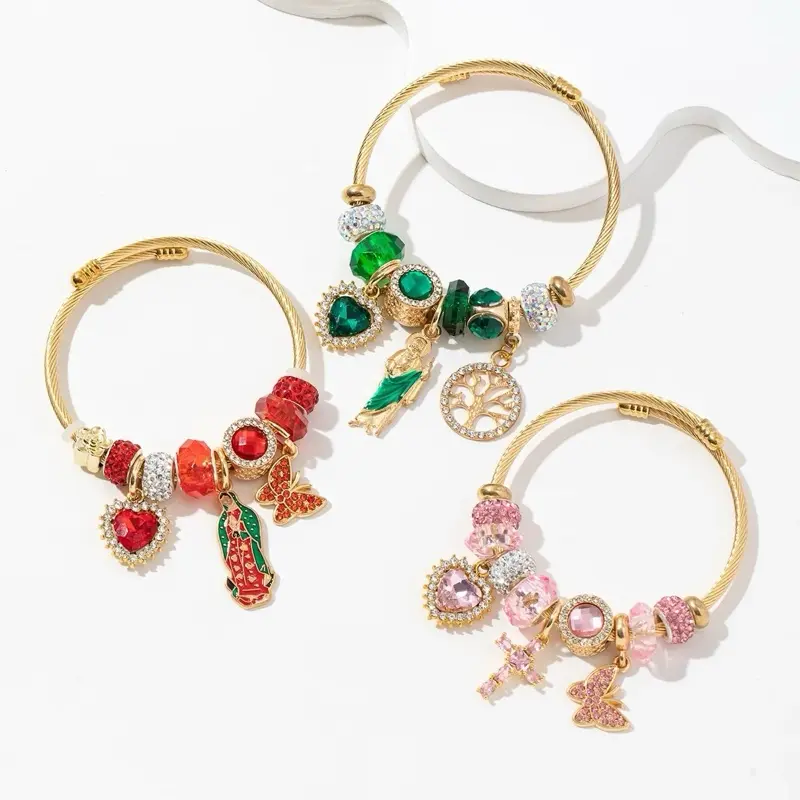 Stainless Steel Alloy Artificial Crystal Bangle with Colorful Charms and Gold-Tone Finish