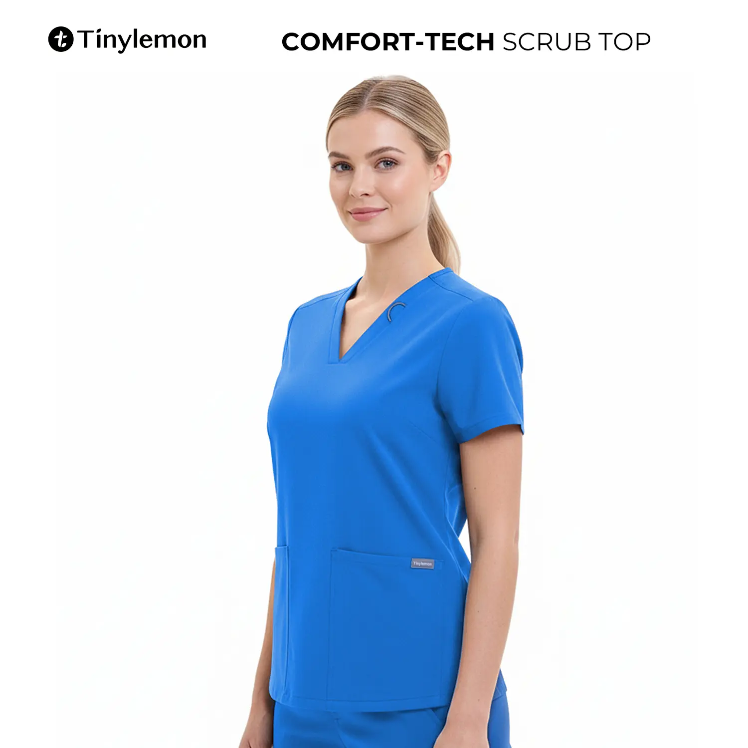 TINYLEMON Women Scrub Top - 3 Pocket V-Neck Top Scrubs Slim Fit with Badge Loop, Soft Four-Way Stretch Anti-Wrinkle Scrubs for Women Workwear