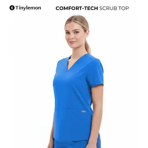 TINYLEMON Women Scrub Top - 3 Pocket V-Neck Top Scrubs Slim Fit with Badge Loop, Soft Four-Way Stretch Anti-Wrinkle Scrubs for Women Workwear